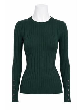 Topshop Ribbed Button Sleeve Sweater Green Fitted Knit Top - Size 4